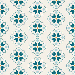 Fototapeta premium Arabic geometric mosaic printable seamless pattern with abstract Moroccan print in blue and orange colors. Ramadan Kareem Traditional Islamic art Illustration background