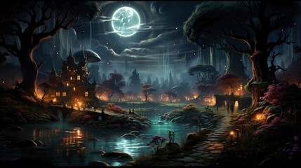 Fototapeta premium Mystical forest scene with illuminated mushrooms, magical castle, glowing lights, and serene pond reflections.