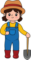 Cute Farmer Girl With Hold Shovel Kawaii Cartoon Vector Illustration