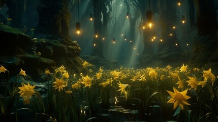 Dreamshade Daffodils thriving in the heart of a bioluminescent rainforest, surrounded by surreal flora and fauna.