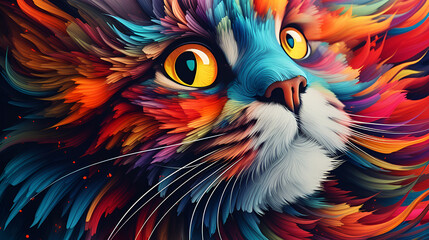 Obraz premium Close-up of the face of a multi-colored cat with multi-colored fur. Watercolor paints.