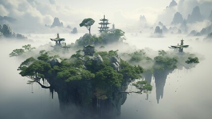 Enchanted Euphorbia floating islands in the sky, shrouded in mystic fog,