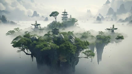 Rolgordijnen Enchanted Euphorbia floating islands in the sky, shrouded in mystic fog, © Anmol