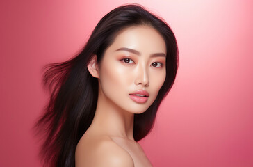 Fototapeta premium Portraiti of A beautiful Young asian woman with long curly hai ron the pink background. Korean woman.