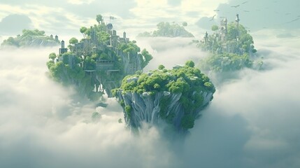 Enchanted Euphorbia floating islands in the sky, shrouded in mystic fog,