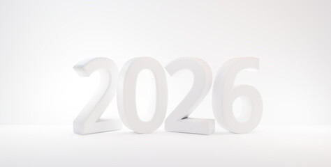 symbol white bold letters year 2026, clean white, bright white background 3d-illustration