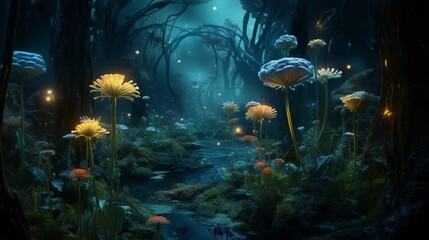 Envision an underwater garden of Midnight Marigolds, their bioluminescent beauty on display in an...