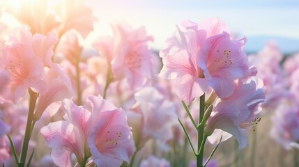 Gossamer Gladiolus flowers in various pastel shades, creating a dreamy, ethereal landscape in a sunlit meadow.