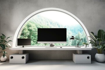 Curved monitor on white desk in concrete interior. Generative AI