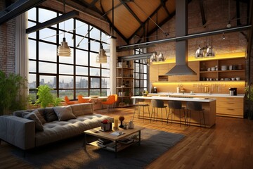 Stylish loft with kitchen and sofa - 3D interior. Generative AI