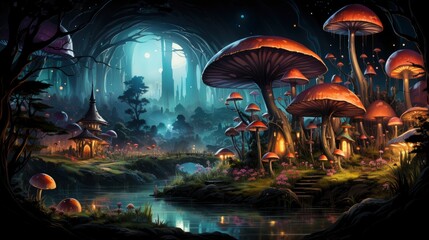 Obraz na płótnie Canvas Mystical forest scene with illuminated mushrooms, magical castle, glowing lights, and serene pond reflections.