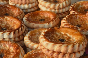stacked stacks of Asian flour flatbreads sprinkled with cumin. Uzbek national traditional food that is eaten in every home. the entire frame is filled with bread. 