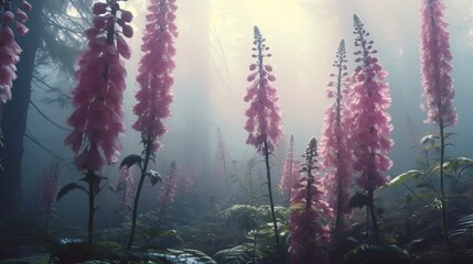 Iridescent Foxgloves in a mystical woodland, shrouded in morning mist.