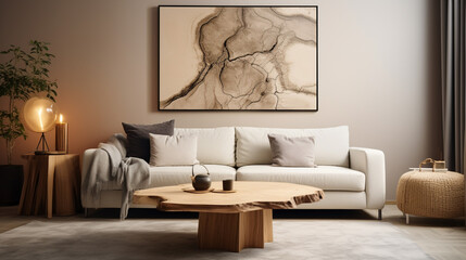 Fototapeta na wymiar Fashionable apartment interior. Soft pillows on couch and armchair. Lovely decoration. generative ai
