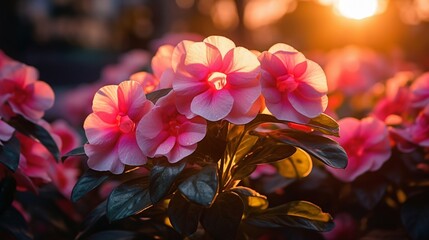 Iridescent impatiens illuminated by the golden rays of sunset, creating a breathtaking display of...