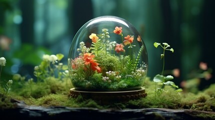Moonbeam Begonia in a terrarium, with tiny fairytale creatures exploring its leaves.