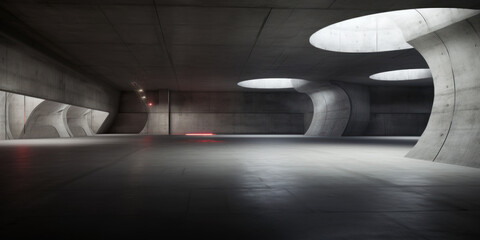 Modern parking background, interior of underground concrete hall. Futuristic minimalist design of empty basement room. Concept of building, garage, future, industry, hangar, ski-fi