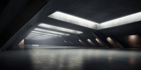 Modern parking background, futuristic underground concrete hangar. Minimalist design of dark empty room, hallway interior. Concept of warehouse, garage, future, industry, hall, building