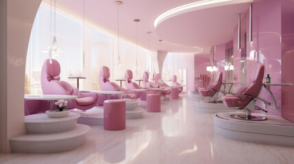 Luxury pink beauty salon interior, modern nail and manicure service shop. Trendy studio design, clean empty cosmetic store. Fashion, glamour, spa