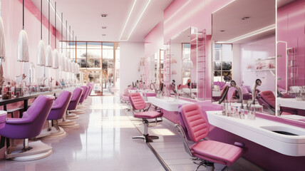 Modern beauty salon interior, luxury empty cosmetic store. Bright clean nail service shop, trendy pink manicure studio design. Concept of fashion, glamour, spa, makeup - obrazy, fototapety, plakaty