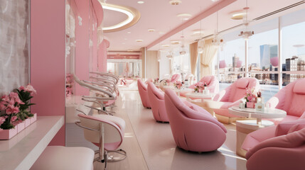 Modern pink beauty salon interior, luxury bright nail service shop. Trendy manicure studio design, clean empty cosmetic store. Fashion, glamour, spa - obrazy, fototapety, plakaty