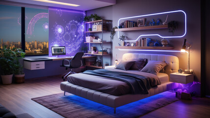 Modern teenage room at night, futuristic interior with purple neon and led light. Luxury home design for child or teen. Concept of teen bedroom, cozy contemporary dwelling of teenager - obrazy, fototapety, plakaty