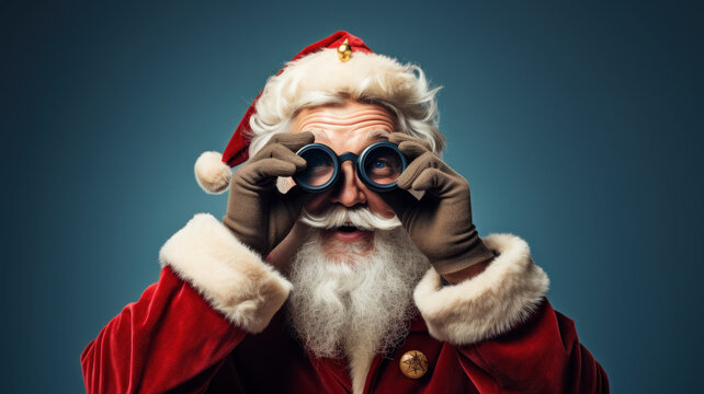 Santa Claus looking through binoculars, portrait of funny bearded man wearing red Christmas outfit isolated on blue studio background. Concept of search, telescope. 