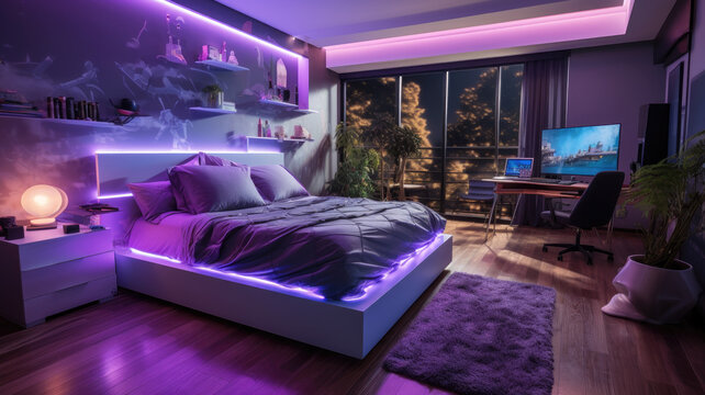 Teenage room at night, futuristic design with pink neon and led light. Modern home interior of city apartment. Concept of bedroom, cozy contemporary dwelling of teenager