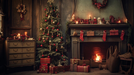 Vintage Christmas Decor With a Fireplace