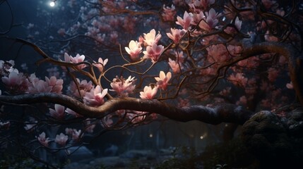 Moonlight filtering through the dense leaves of a Magnolia tree, creating a dreamy, enchanting...