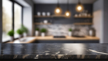 Modern, minimalist dark marble table/kitchen island, symbolizing sophistication and elegance. Empty surface, ideal for design and culinary concepts. Copy space