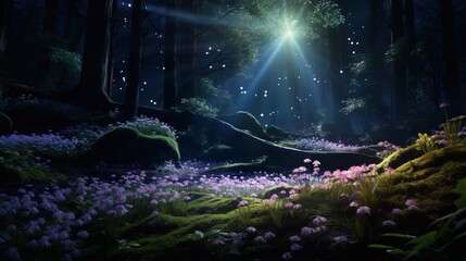 Moonlit Moss Phlox covering the forest floor, with moonbeams filtering through the trees, creating a magical, natural carpet of colors.