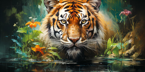 Watercolor painting of a beautiful tiger in water - obrazy, fototapety, plakaty