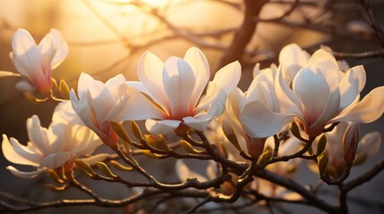 Moonstone Magnolia blossoms bathed in the golden light of the setting sun.