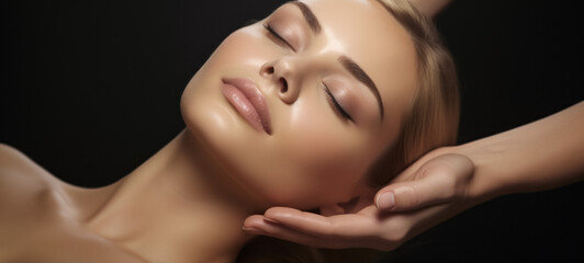 Naklejka premium Portrait of young beautiful woman with clean fresh skin on black background. Facial treatment concept.