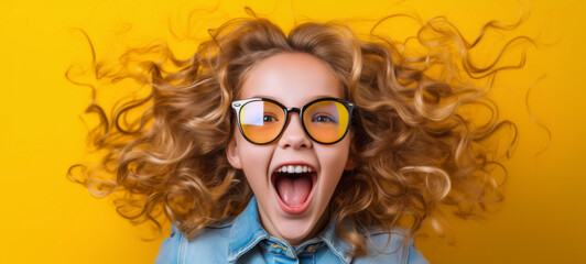 Excited girl in eyeglasses and blue shirt on yellow background