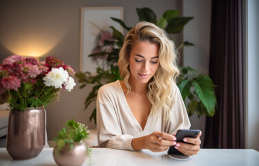 Portrait of a beautiful woman using her mobile phone at home