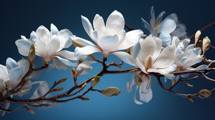 Moonstone Magnolia blossoms in various stages of blooming, from bud to full flower.