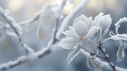 Moonstone Magnolia leaves covered in a delicate layer of frost, capturing the essence of winter.