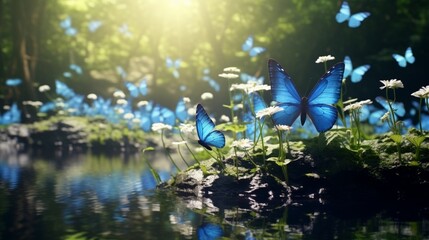 Fototapeta na wymiar Multiple Butterfly Bluets dancing around a freshwater pond, creating a mesmerizing spectacle.
