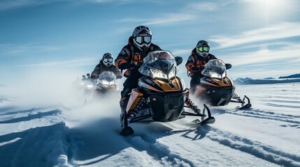 Fototapeta na wymiar Snowmobilers racing across a frozen, icy expanse 