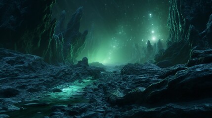 Nebula Nettle's bioluminescent roots penetrating the rocky surface of an alien planet, casting an...