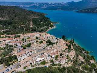 Aerial view on blue Lake of Serre-Poncon, reservoir border...