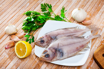 Raw seafood, fresh megrim sole flatfish on wooden board