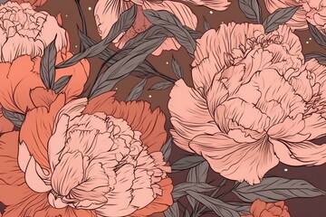 Abstract peony flower background with seamless botanical pattern. Generative AI