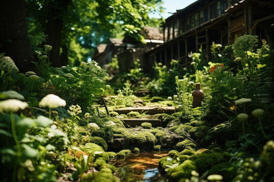 A neglected and overgrown garden with invasive plants, representing the dangers of unchecked invasive species. Concept of environmental conservation. Generative Ai.