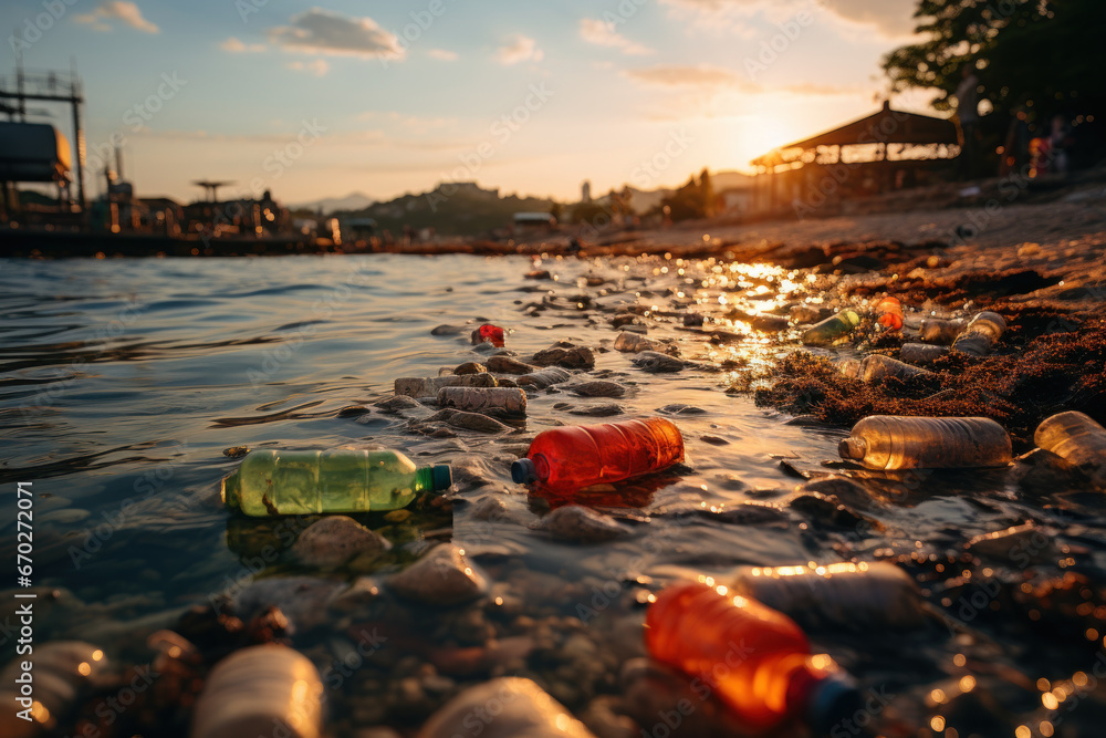 Wall mural Trash and plastic waste scattered along a polluted shoreline, highlighting the issue of ocean pollution and environmental degradation. Generative Ai.