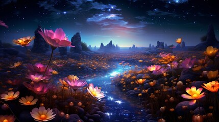 Picture a surreal Midnight Marigold meadow under a star-studded sky, where each petal shimmers like...