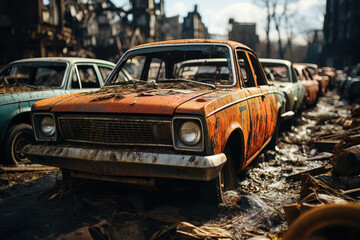 Abandoned, rusting cars in a junkyard, representing the problem of automotive pollution and waste. Generative Ai.