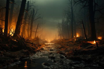 A beautiful forest transformed into a charred landscape after a forest fire, emphasizing the...